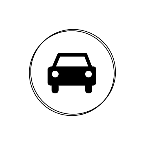 ikona samochodu, czarna grafika na białym tle, zamieszczona w okręgu