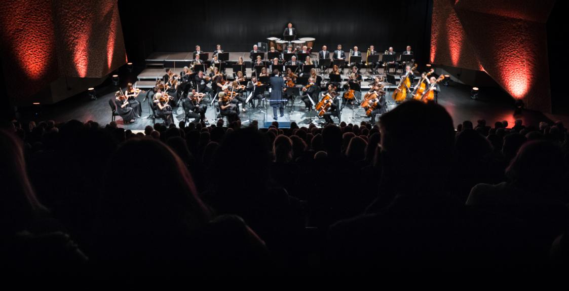 muzycy Toruńskiej Orkiestry Symfonicznej na scenie Sali Koncertowej 
