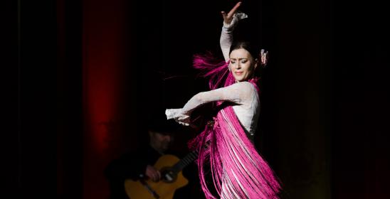 Kobieta na scenie w fioletowej sukni tańczy flamenco