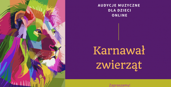 kolorowa grafika głowy lwa i tytuł wydarzenia na fioletowym tle