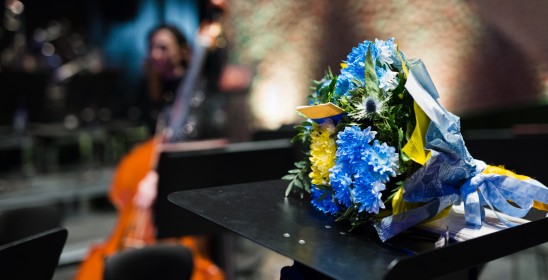 bukiet żółto-niebieskich kwiatów leżących na pulpicie