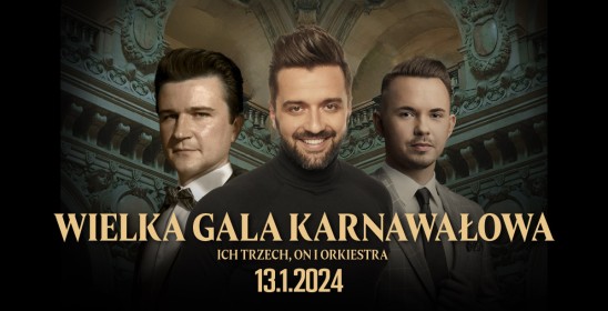 portret trzech mężczyzn, grafika koncertu Wielka Gala Karnawałowa
