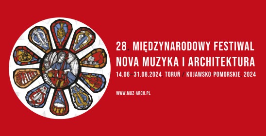 grafika witrażu i napis 28. Międzynarodowy Festiwal Nova Muzyka i Architektura 14.06-31.08 Toruń / kujawsko-pomorskie 2024, www.tos.art.pl