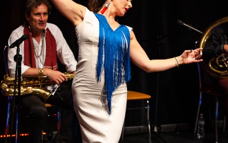woman in blue-white dress