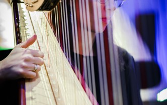 harfa z dłonią kobiety której skupioną twarz w okularach widać za strunami harfy 