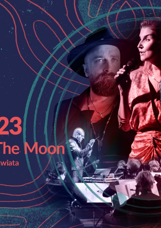 grafika koncertu 24.09.2023 Music from the Moon, soliści i orkiestra z niebiesko czerwonym kolorycie 