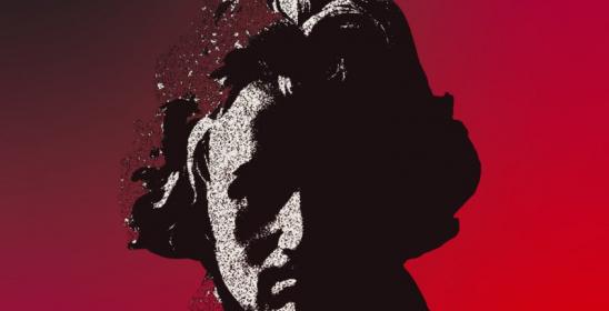 popiersie Ludwiga van Beethovena na czerwonym tle promująca Festiwal Viva Beethoven! - 250. rocznica urodzin kompozytora