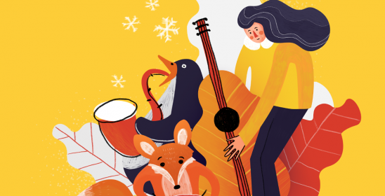 grafika przedstawiająca lisa, pingwina i mężczyznę grających na instrumentach muzycznych