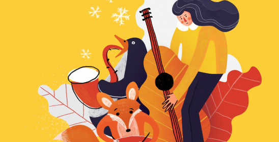 grafika przedstawiająca lisa, pingwina i mężczyznę grających na instrumentach muzycznych