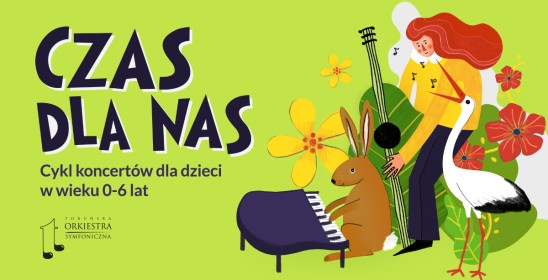 grafika przedstawiająca zająca i mężczyznę grających na instrumentach muzycznych oraz bociana